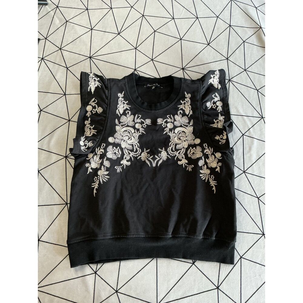 Black Embroidered Floral Top Ruffle Shoulder Sleeveless Boho Cream Embroidery